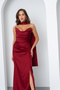Women's Burgundy Shawl Collar Satin Long Evening Dress - 3