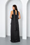 Women's Black Shawl Collar Satin Long Evening Dress - 5