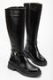 Women's Black Leather Stretch Buckle Detailed Boots