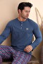 Indigo Plaid Pattern Button Long Sleeve Men's Pajama Set