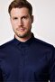 Slim Fit Long Sleeve Lycra Plain Cotton Satin Men's Navy Blue Shirt - 3