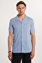 Slim Fit Short Sleeve Knitted Fabric Apache Collar Casual Dobby Texture Blue Men's Shirt - 4