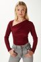 Women's True Bodycon Blouse with Side Gathered Neck Detail, Soft Stretchy Fabric, Burgundy Color