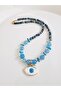 Natural Blue Agate and Coral Stone Eye Pendant Necklace - 4