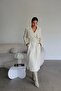 Ecru White Lined Belt and Button Detailed Premium Leather Trench Coat - 5