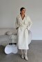 Ecru White Lined Belt and Button Detailed Premium Leather Trench Coat
