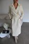 Ecru White Lined Belt and Button Detailed Premium Leather Trench Coat - 6