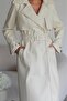 Ecru White Lined Belt and Button Detailed Premium Leather Trench Coat - 7