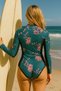Green Long Sleeve Zip Floral Print Surfing Swimwear Women's Surfing Swimsuit - 4