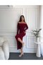 Burgundy Slit Long Sleeve Finger Interlocking Sandy Madonna Dress – Stylish & Elegant Evening Dress Model - 5