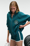 Tormenta Women's Embroidered Zipper Stand Collar Double Pocket Raglan Sleeve Dark Turquoise Sweatshirt - 5