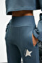 DAVIRA Women's Cotton Printed and Patch-Detailed Pocketed Regular Petroleum Blue Sweatpants - 4