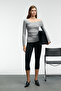 Velmea Women's Asymmetrical Collar Shoulder Detail Slim Fit Light Gray Blouse - 2