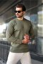 Khakifarbener gestreifter Langarmpullover mit Rundhalsausschnitt E7273 - 3