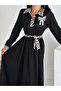 Women's Black Color Leopard Pattern Detailed Belted Hijab Suitable Long Length Dress - 5