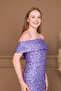 Sequin Fabric Boat Neck Pencil Dress - Purple - 4