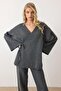 Lace-Up Closure Kimono Pants Knitwear Set Anthracite 9364-Tk - 3