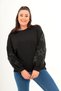 Women's Plus Size Black Crew Neck Sweatshirt with Star Detail on the Sleeves and Stone and Pearl Detail 65N39144