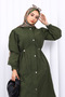 Khaki Trench Coat with Snap Buttons and Elastic Waist - 3