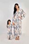 Ladies Jalabiya – Blue and White Abstract Print and Embroidery Detailing
