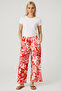 Women's Red Rose Patterned Belted Elastic Waist Double Pocket Comfortable Cut Palazzo Modal Pants