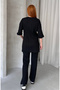 Anthracite Women's Cotton Short Sleeve Ribbed Blouse Pants Set - 4