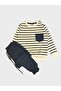 Boy's Cotton Cream Smoked Color Stripe Patterned Long Sleeve Tracksuit Set - 2