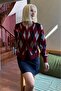 Burgundy Baklava Patterned Crew Neck Women's Cardigan Mg2496 - 6
