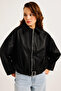 New Season Faux Oversize Black Bomber Leather Jacket - 2