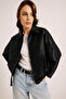 New Season Faux Oversize Black Bomber Leather Jacket