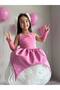 Pink Satin Skirt White Rose Motif Special Design Girls' Formal Birthday Dress + Gloves + Hair Clip - 6