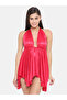 Solid Halter Neck Asymmetric Hem Satin Babydoll - 2