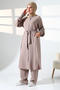 Women's Linen Hajj and Umrah Clothing Belted Hijab Two-Piece Set - Mink - 2