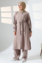 Women's Linen Hajj and Umrah Clothing Belted Hijab Two-Piece Set - Mink - 3