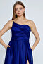 Women's Asymmetrical Neckline Deep Slit Draped Satin Evening Dress 8113 Purple - 3