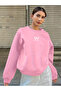 Women's Oversize Minimal White Ribbon Printed Pink Ribbed 2 Thread Crew Neck Sweatshirt