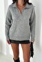Gray Women's Polo Neck Oversize Knit Sweater - Standard Size Soft Texture