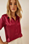 Women's Burgundy Lightly Draped Satin Surface Shirt - 2