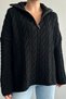 Women's Black Zipper Collar Hair Knit Patterned Oversize Sweater - 3