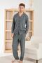 Gray Plaid Patterned Front Buttoned Elegant Men's Pajama Set - 2