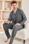 Gray Plaid Patterned Front Buttoned Elegant Men's Pajama Set