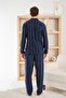 Navy Blue Plaid Patterned Buttoned Front Elegant Men's Pajama Set - 3