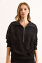 Women's Black Stitching Detailed Zippered Thick Sweatshirt Without Fleece Swt-19000744 - 4