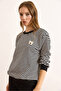 Women's Black Teddy Bear Applique Striped Thick Sweatshirt Without Embroidery Swt-19000745