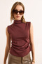 Women's Brown Drape Detailed Stand Collar Interlock Crop Blouse Blz-19003107 - 3