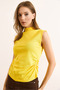 Women's Yellow Drape Detailed Stand Collar Interlock Crop Blouse Blz-19003107 - 3