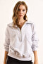 Women's Gray Melange Stitching Detailed Zippered Thick Sweatshirt Without Embroidery Swt-19000744 - 5