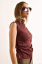 Women's Brown Drape Detailed Stand Collar Interlock Crop Blouse Blz-19003107 - 4