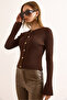 Women's Brown Gold Buttoned Spanish Sleeve Ribbed Cardigan Hrk-19000388 - 5