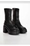 Black Leather Platform High Heel Stretch Boots - 3